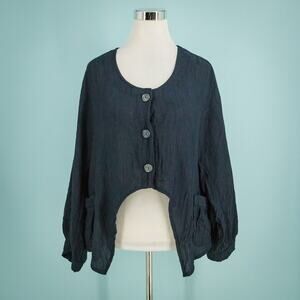 J'Idee Size Small Medium S M Blue Asymmetrical Long Sleeve Lagenlook Artsy Top